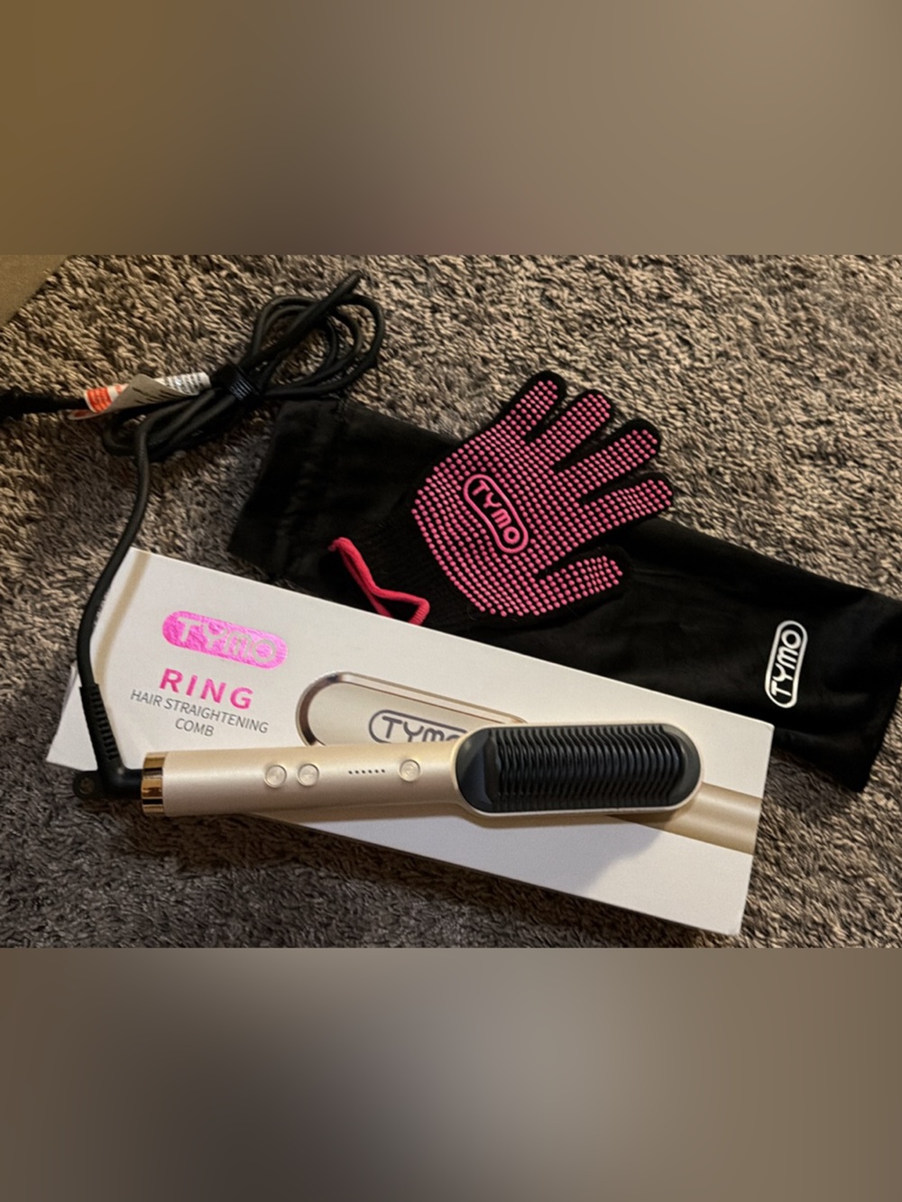 Tymo Ring Hair Straightening Comb in Gold with Pink Glove